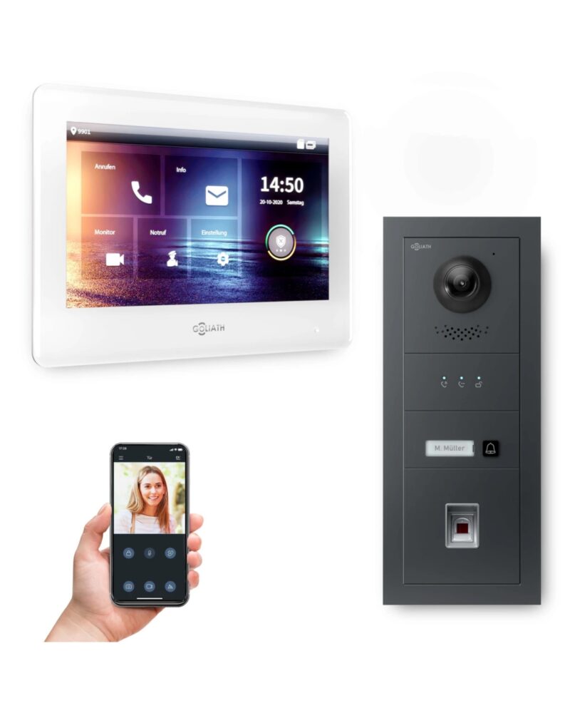 GOLIATH Hybrid 2-Draht BUS Türsprechanlage | 1 Familie | 7 Zoll Weiß | Fingerprint | RFID | Feedback-Modul | Keypad |180°