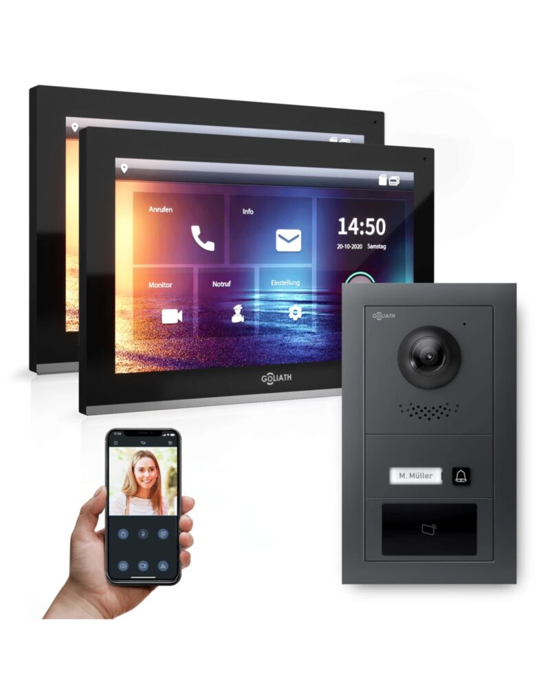 GOLIATH Hybrid IP Gegensprechanlage mit App | 1-Familie | 2x 10 Zoll HD schwarz | Unterputz | 180° Kamera | RFID | Keypad | Fingerprint | Basic | Feedback-Modul | Kompakt