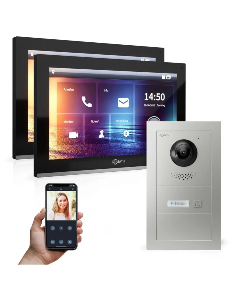 GOLIATH Hybrid IP Gegensprechanlage mit App | 1-Familie | 2x 10 Zoll HD | Aufputz | 180° Kamera