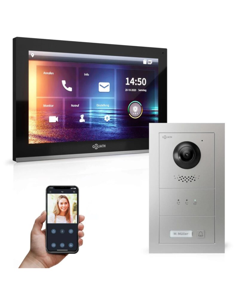 GOLIATH Hybrid IP Sprechanlage | App | 1 Familienhaus Set | 10 Zoll HD schwarz | Keypay | Fingerprint | RFID | Feedback-Modul | Unterputz | 180° Kamera