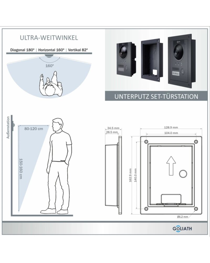 GOLIATH Hybrid IP Gegensprechanlage | App | Anthrazit | 1-Familie | 7 Zoll Display | 1 Überwachungskamera | Unterputz | 180° – Bild 2