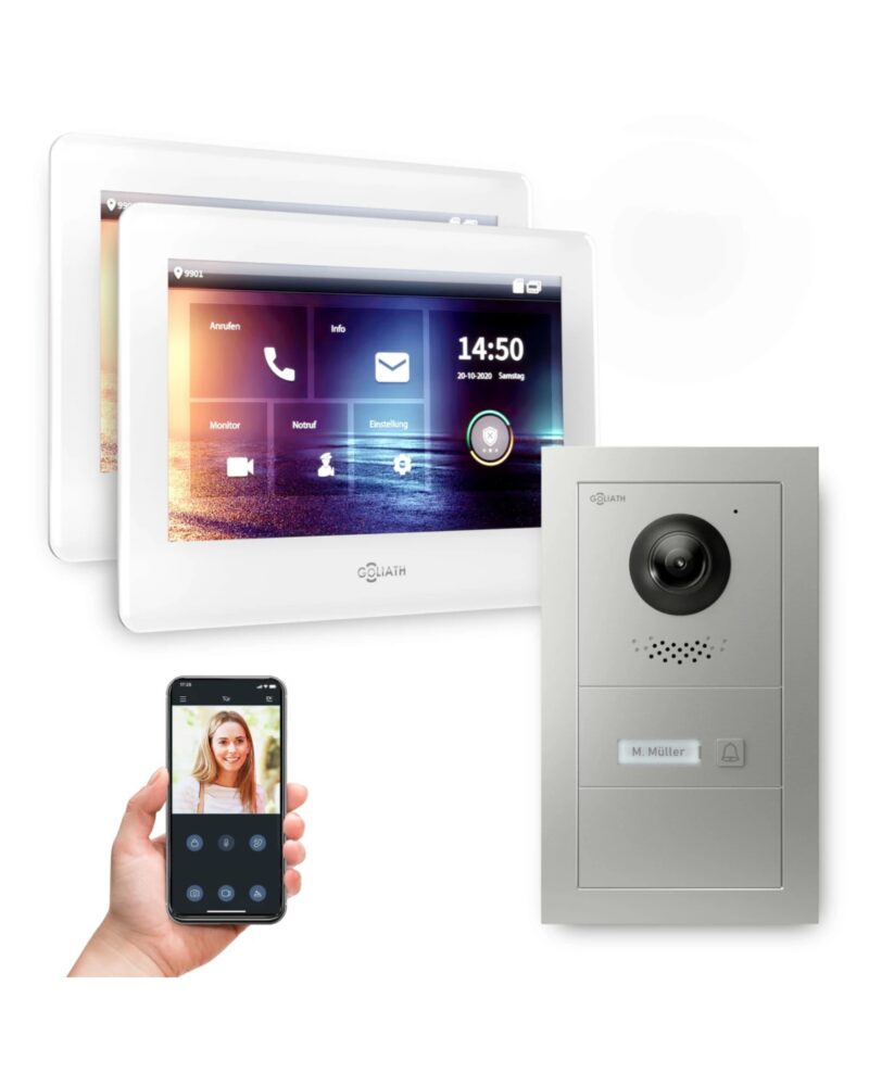 GOLIATH Hybrid IP Gegensprechanlage mit App | 1-Familie | 2x 7 Zoll HD | Unterputz | 180° Kamera