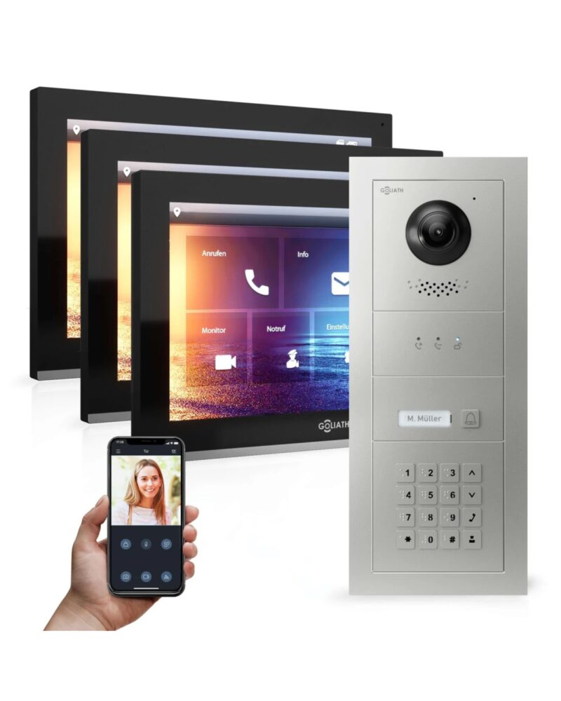 GOLIATH Hybrid IP Gegensprechanlage mit App | 1-Familie | 3x 10 Zoll HD schwarz | Unterputz | 180° Kamera | Basic | Feedback-Modul | Fingerprint | | Keypad | RFID