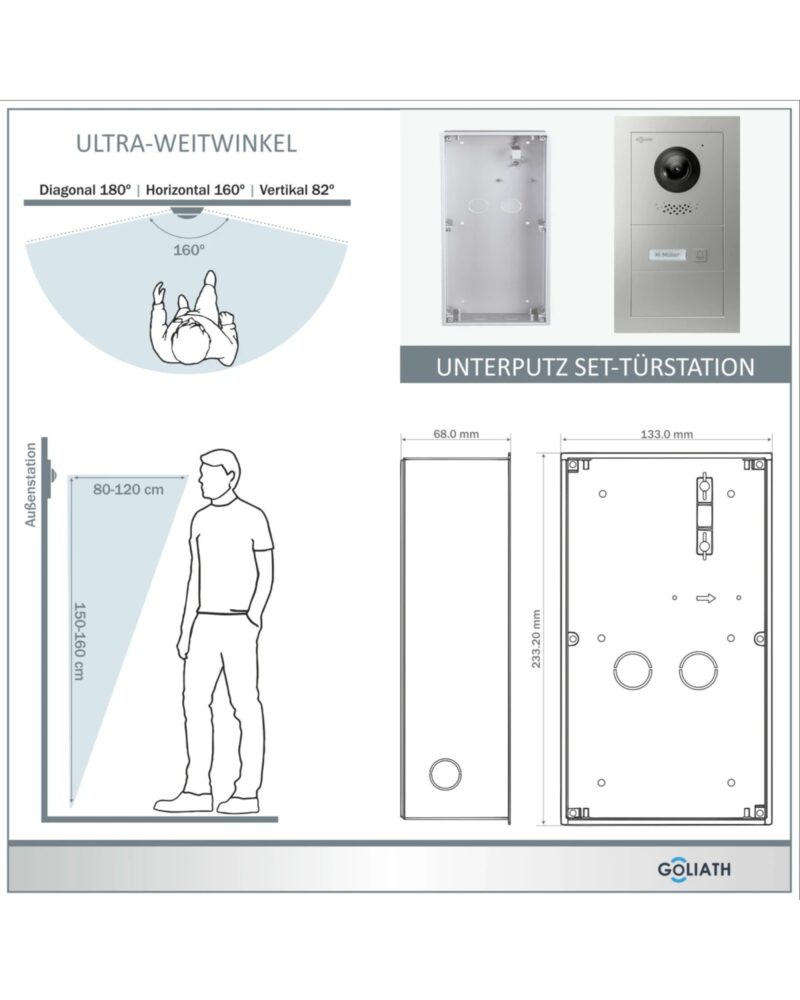 GOLIATH Hybrid IP Gegensprechanlage mit App | 1-Familie | 2x 7 Zoll HD | Unterputz | 180° Kamera – Bild 3