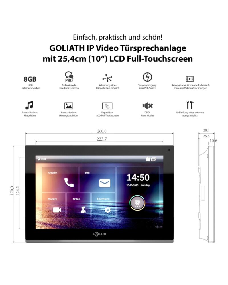 GOLIATH Hybrid IP Sprechanlage | App | 1 Familienhaus Set | 10 Zoll HD weiß | Keypad | Fingerprint | RFID | Feedback-Modul | Unterputz | 180° Kamera – Bild 4