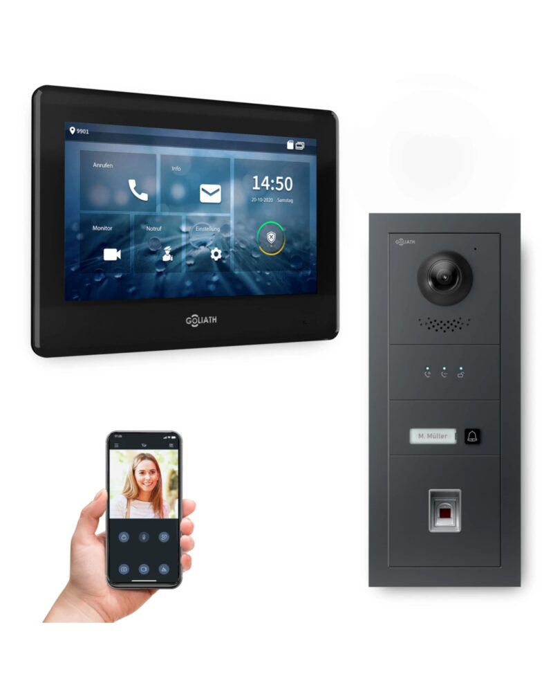 GOLIATH Hybrid 2-Draht BUS Türsprechanlage | 1 Familie | 7 Zoll schwarz | Unterputz | Fingerprint | RFID | Feedback-Modul | Keypad | 180°