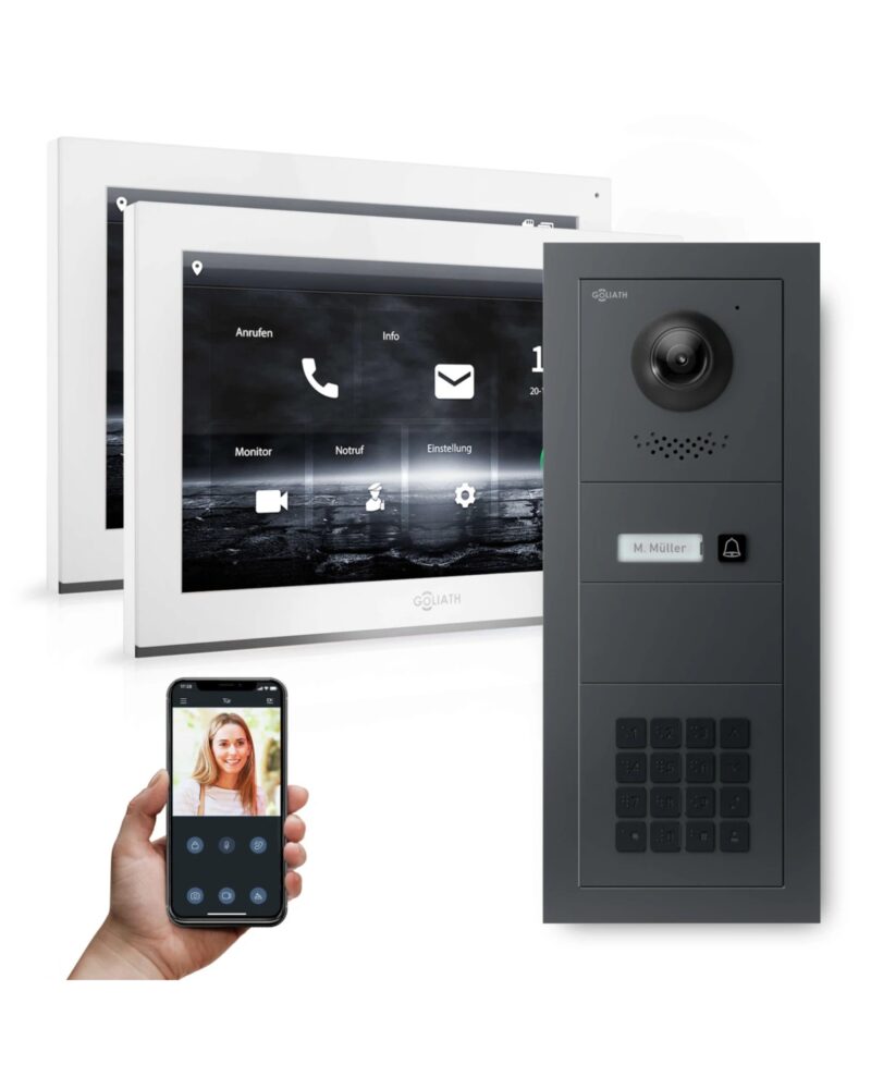 GOLIATH Hybrid IP Gegensprechanlage mit App | 1-Familie | 2x 10 Zoll HD weiß | Unterputz | 180° Kamera | RFID | Keypad | Fingerprint | Basic | Feedback-Modul | Kompakt (Kopie)