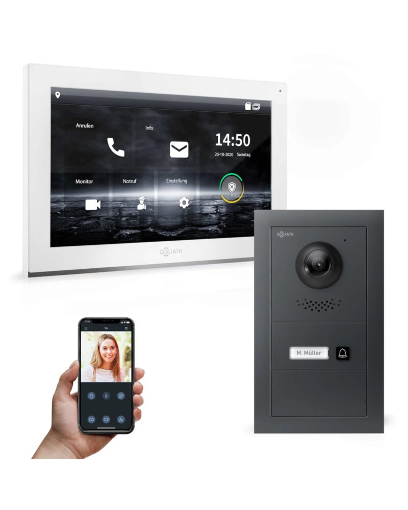 GOLIATH Hybrid IP Sprechanlage | App | 1 Familienhaus Set | 10 Zoll HD weiß | Keypad | Fingerprint | RFID | Feedback-Modul | Unterputz | 180° Kamera