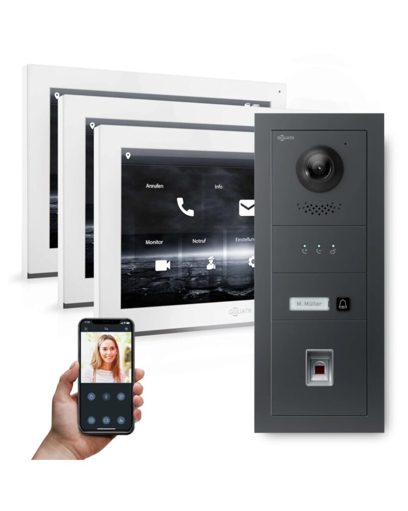 GOLIATH Hybrid IP Gegensprechanlage mit App | 1-Familie | 3x 10 Zoll HD weiß | Unterputz | 180° Kamera | Basic | Feedback-Modul | Fingerprint | | Keypad | RFID